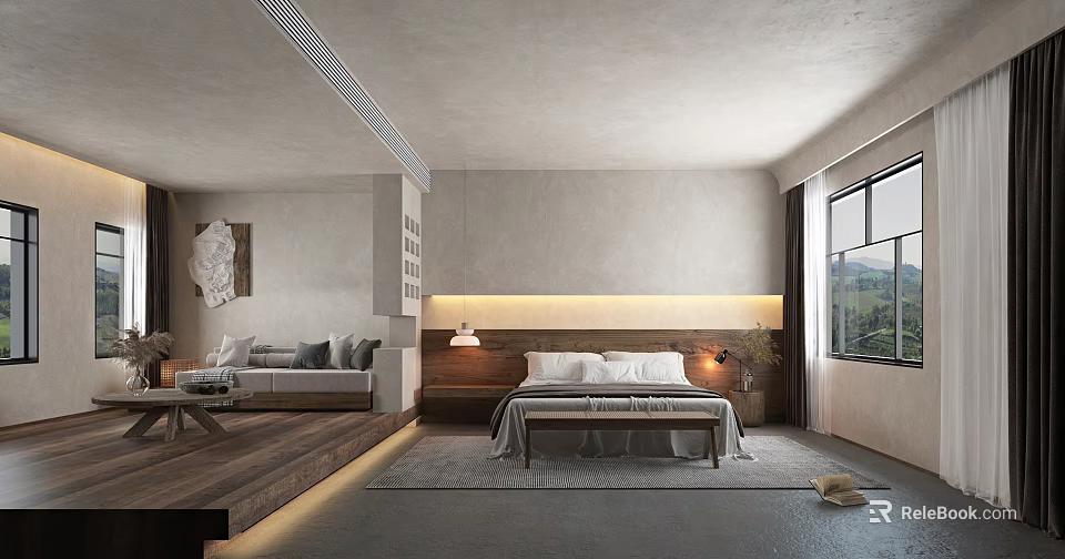 Minimalist Hotel Room Featuring Wooden Bed Sofa Warm Lighting And Window View 3d model 
