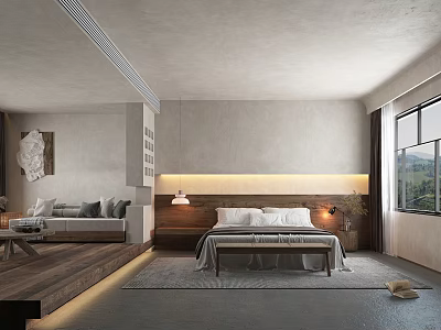 Minimalist Hotel Room Featuring Wooden Bed Sofa Warm Lighting And Window View 3d model