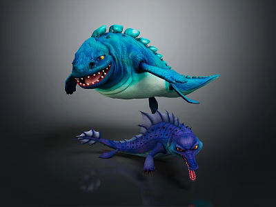 Vibrant Blue Green Finned And Purple Spiky Mythical Creatures With Fangs And Tongue Out 3d model