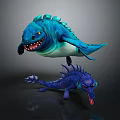 Vibrant Blue Green Finned And Purple Spiky Mythical Creatures With Fangs And Tongue Out