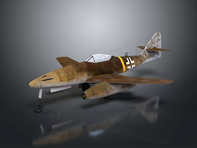 Vintage Brown Fighter Jet With White Cockpit Canopy Black Cross Insignia Parked On Reflective Surface 3d model