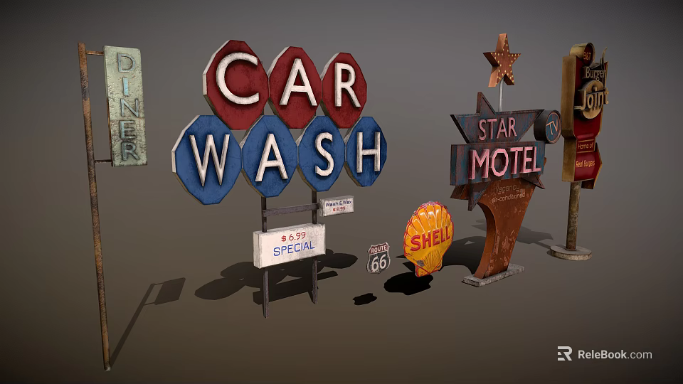 Vintage Commercial Signs Featuring Car Wash Motel Shell And Road 66 Logos 3d model 