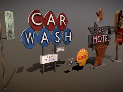 Vintage Commercial Signs Featuring Car Wash Motel Shell And Road 66 Logos 3d model