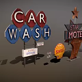 Vintage Commercial Signs Featuring Car Wash Motel Shell And Road 66 Logos