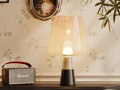Vintage Table Lamp With Soft Light Lampshade On Table Near Retro Radio And Floral Wallpaper 3d model