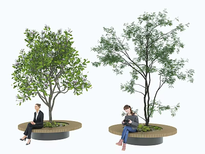 Tree Planter With Green Trees And Circular Benches For People Resting Outdoors 3d model