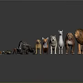 Various Animal Figurines Arranged in a Row with Gray Background and Ground Reflection 3d model