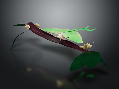 Green Moth Perched On Dark Colored Branch With White Flowers And Green Leaves 3d model