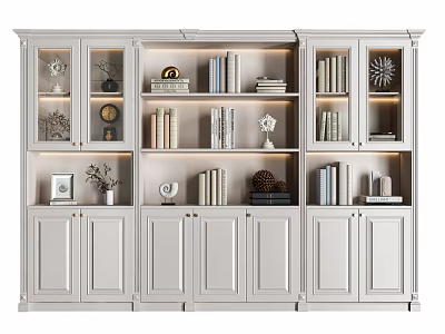 Elegant White Bookcase With Glass Doors Shelves Books And Decorative Items 3d model