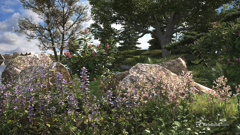 Colorful Flowers And Green Plants In Lush Natural Garden With Rocks Trees And Blue Sky 3d model 