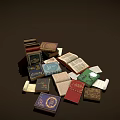 Vintage Books Collection With Open Illustrated Pages Stacked Hardcovers And Scattered Papers