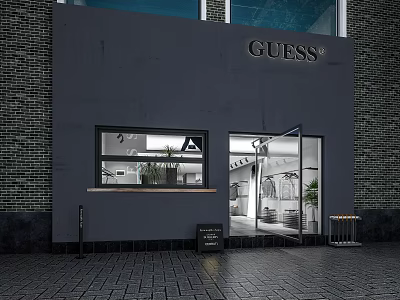 Guess Clothing Store with Gray Wall Storefront Window and Entrance Displayed Clothes and Modern Design 3d model