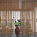Modern Teahouse Interior With Wooden Ceiling Partitions Lantern Lights Tables Chairs Green Plants And View