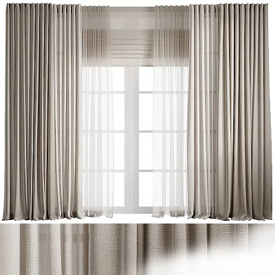 Soft Gray Linen Curtains With Sheer Panels For Window Decoration 3d model
