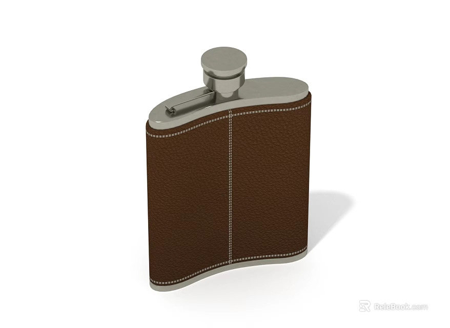 Brown Leather Wrapped Flask With Silver Metal Cap And Stitching Detail 3d model 