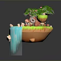 Enchanting Floating Island Landscape with Green Tree Red Roof House Waterfall and Floating Platforms