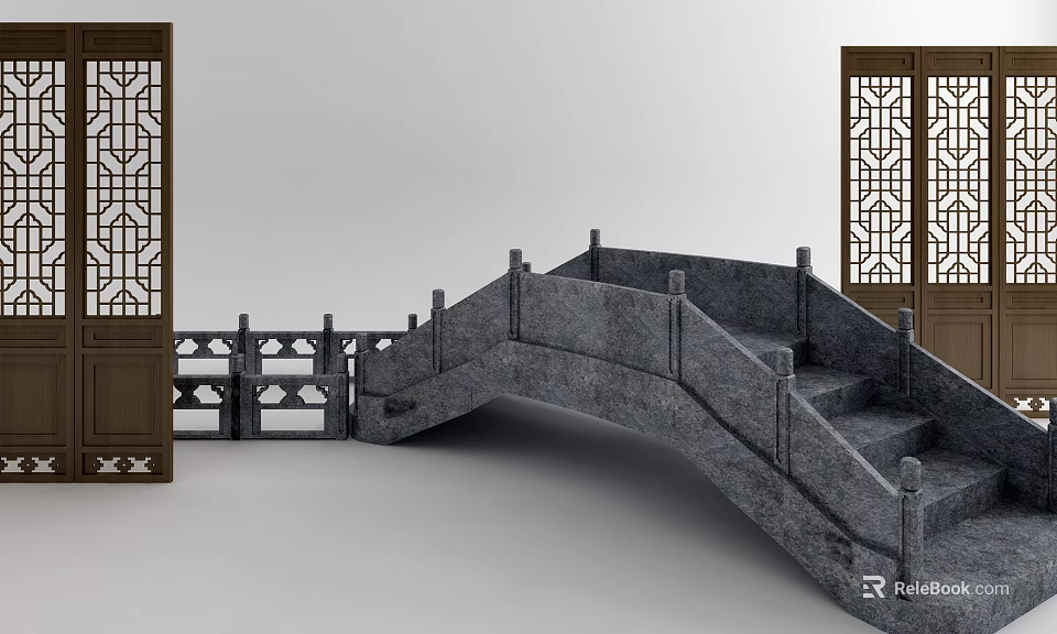 Traditional Stone Arch Bridge With Carved Railings And Steps Near Carved Doors 3d model 