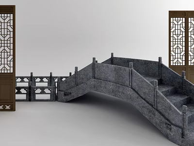 Traditional Stone Arch Bridge With Carved Railings And Steps Near Carved Doors 3d model