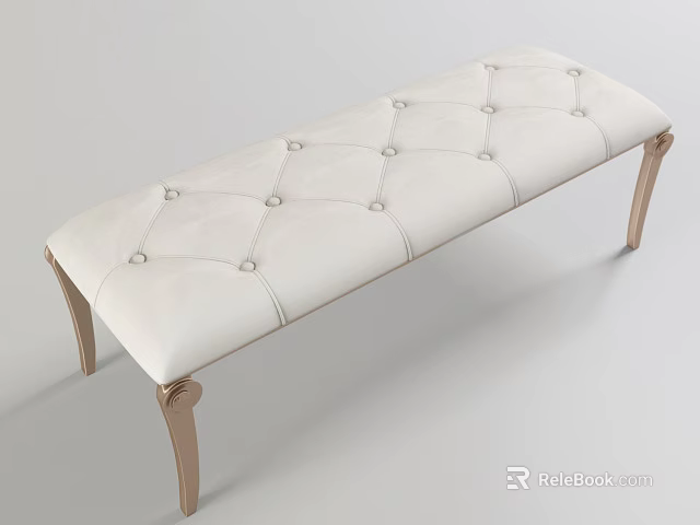 Elegant White Tufted Sofa Bench with Gold Metal Legs and Classic Design 3d model 