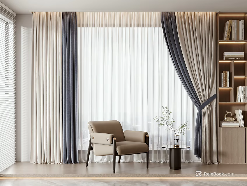 Elegant Beige And Navy Curtains For Living Room Window With Armchair Side Table Plant Bookshelf 3d model 