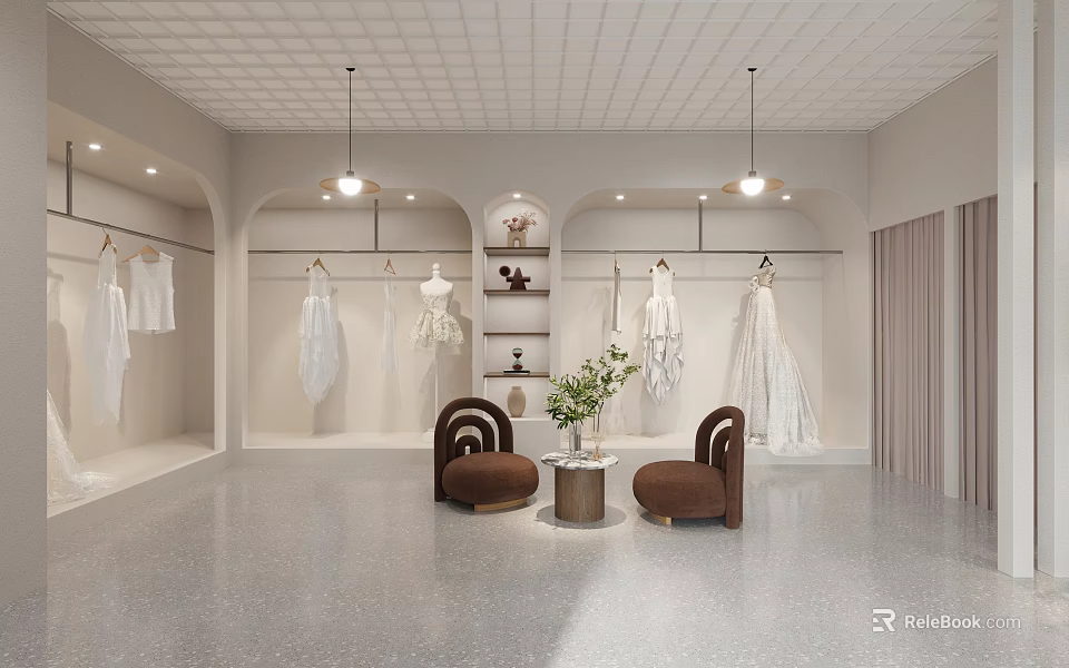 Elegant Bridal Shop Showroom With Hanging Wedding Dresses Cozy Chairs And Green Plants 3d model 