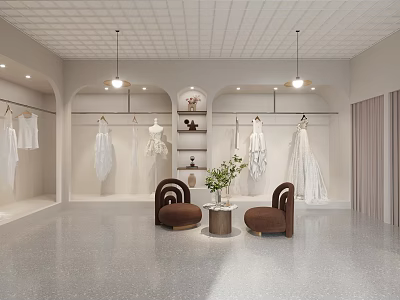 Elegant Bridal Shop Showroom With Hanging Wedding Dresses Cozy Chairs And Green Plants 3d model