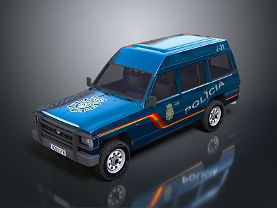 Military Vehicle Blue SUV with POLICIA Logo and Yellow Red Stripes on Body 3d model