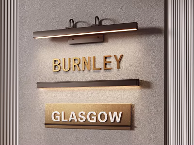 Modern Wall Lamps Illuminating Golden BURNLEY And GLASGOW Signs On Wall 3d model