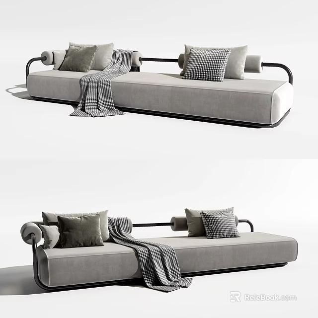 Modern Gray Sectional Sofa With Pillows Throw Blanket And Black Armrests 3d model