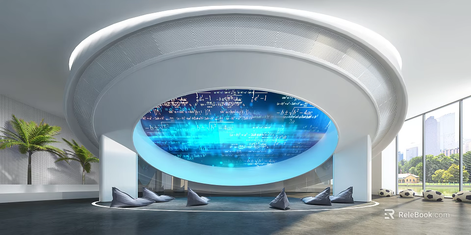 Modern Tech Exhibition Hall With Circular Blue Code Data Screen And Gray Seats 3d model 