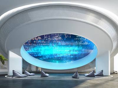 Modern Tech Exhibition Hall With Circular Blue Code Data Screen And Gray Seats 3d model