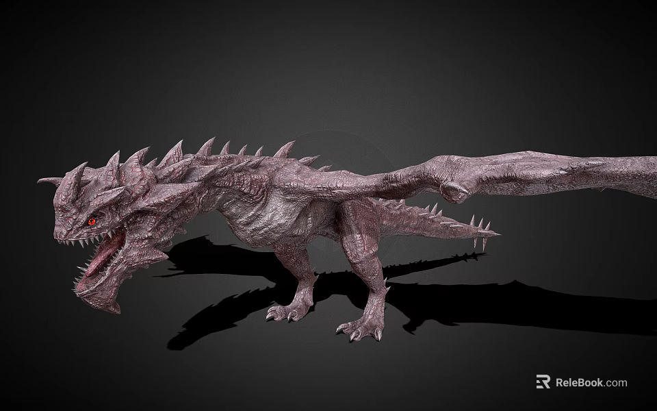 Fierce Spiked Dragon 3D Model With Red Eyes Open Mouth Gray Skin And Black Background 3d model 
