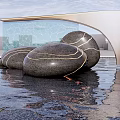 Stone Sculptures with Golden Lines in Water Against Modern Architecture and Sky Reflections