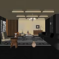 Modern Living Room With Black Leather Sofa Beige Cushions Geometric Rug Wooden Cabinet And Chandelier