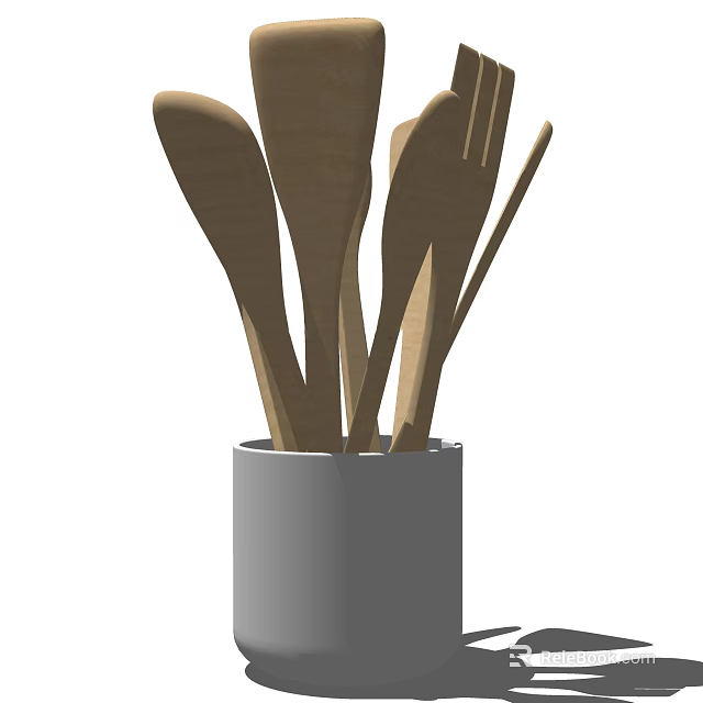 Wooden Kitchen Utensils Stored In Gray Container For Cooking Tool Storage 3d model