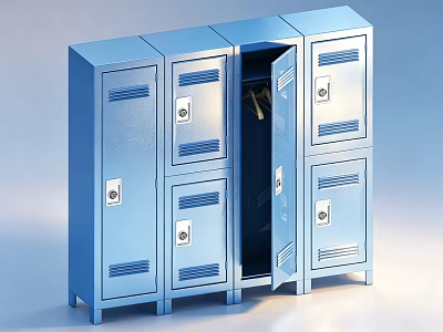 Blue Metal Wardrobe With Multiple Lockable Doors And Open Compartment For Clothes Storage 3d model