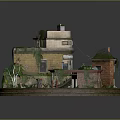 Miniature Vintage Buildings with Brick Yellow Walls Moss Covered Roofs Small Structures and Greenery
