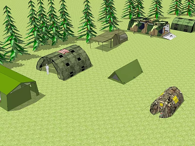 Various Tents Set Up on Green Grass Surrounded by Pine Trees 3d model