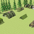 Various Tents Set Up on Green Grass Surrounded by Pine Trees