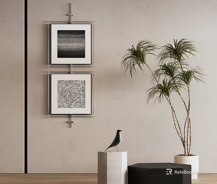 Stylish Interior Decor With Two Framed Artworks Bird Figurine And Palm Potted Plant On Pedestals 3d model 