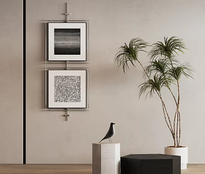 Stylish Interior Decor With Two Framed Artworks Bird Figurine And Palm Potted Plant On Pedestals 3d model