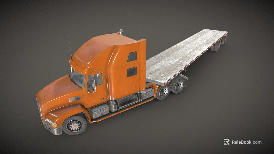 Orange Flatbed Truck With Cab And Long Trailer Design 3d model 