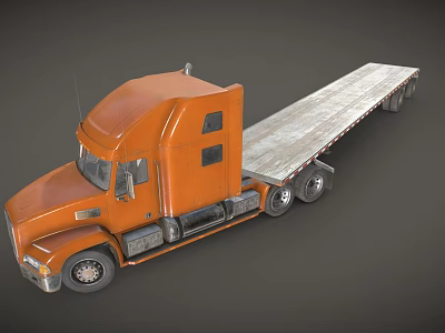 Orange Flatbed Truck With Cab And Long Trailer Design 3d model