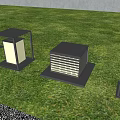 Modern Outdoor Lights With Various Designs On Green Lawn And Shrubs