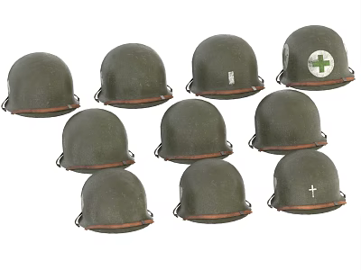 Multiple Green Helmets With White Cross And White Mark Arranged 3d model
