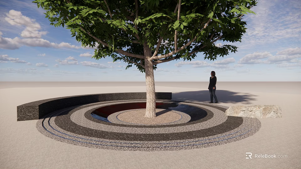 Outdoor Garden Landscape Design With Large Tree And Circular Concentric Paving 3d model