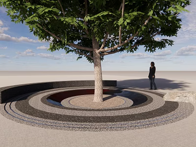 Outdoor Garden Landscape Design With Large Tree And Circular Concentric Paving 3d model