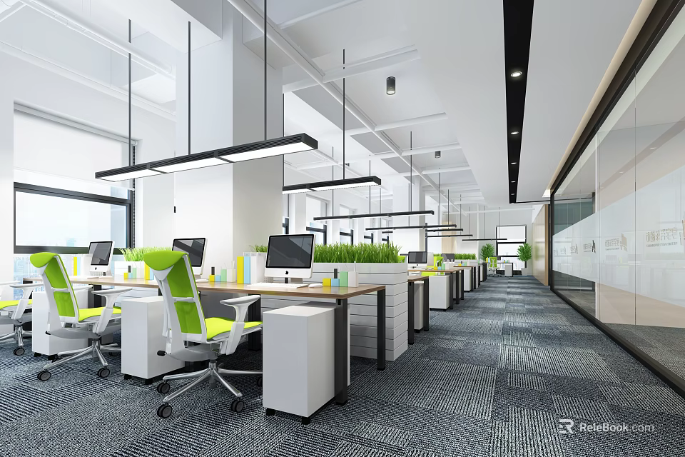 Bright Open Public Office Space With Green Chairs Long Desks And Multiple Computers 3d model 