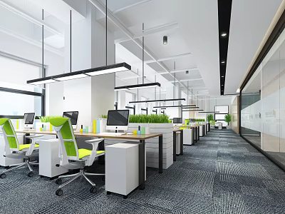 Bright Open Public Office Space With Green Chairs Long Desks And Multiple Computers 3d model