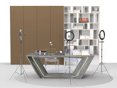 Modern Design Desk With Three Ring Lights Bookshelves And Transparent Chairs 3d model
